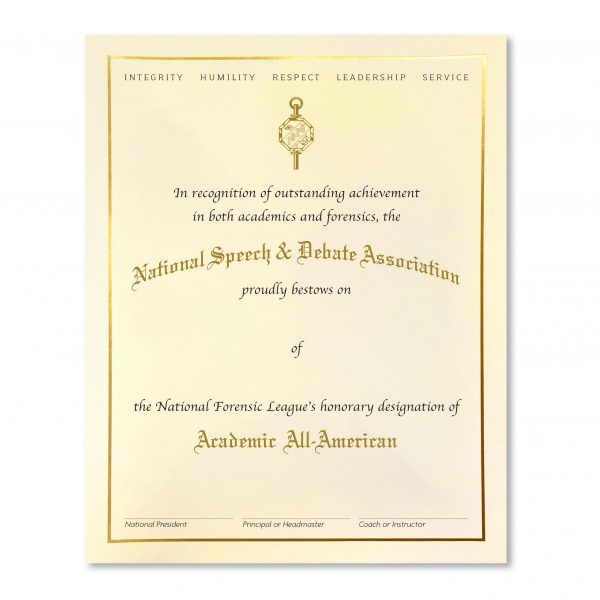 Academic All American Certificate | NSDA Store