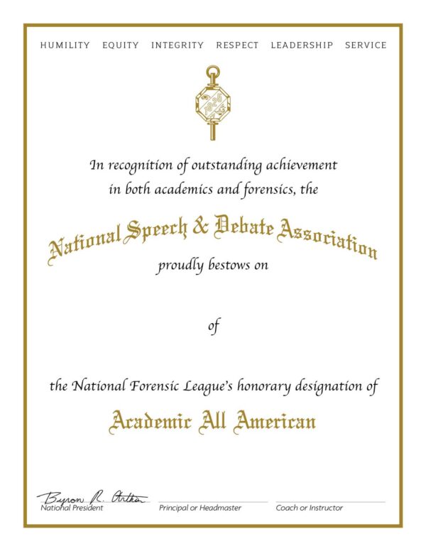 Academic All American Certificate