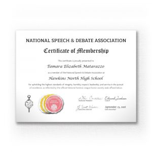 National Speech and Debate Association Certificate of Membership