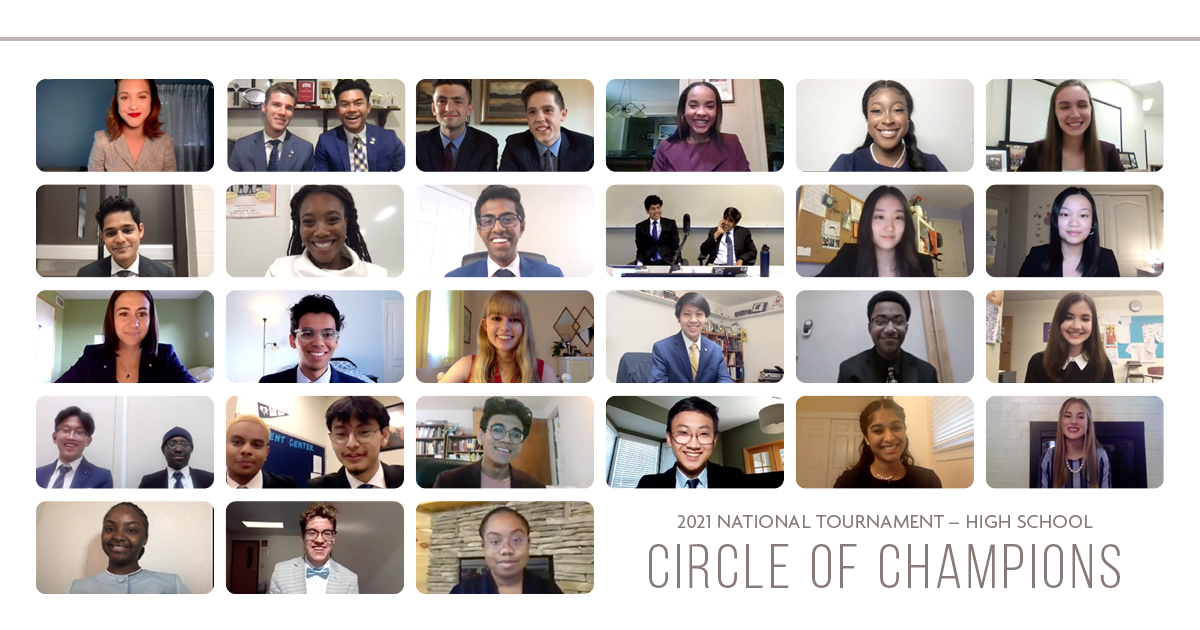 National Speech and Debate Tournament 2021 Circle of Champions graphic of competitors on computer screens virtually