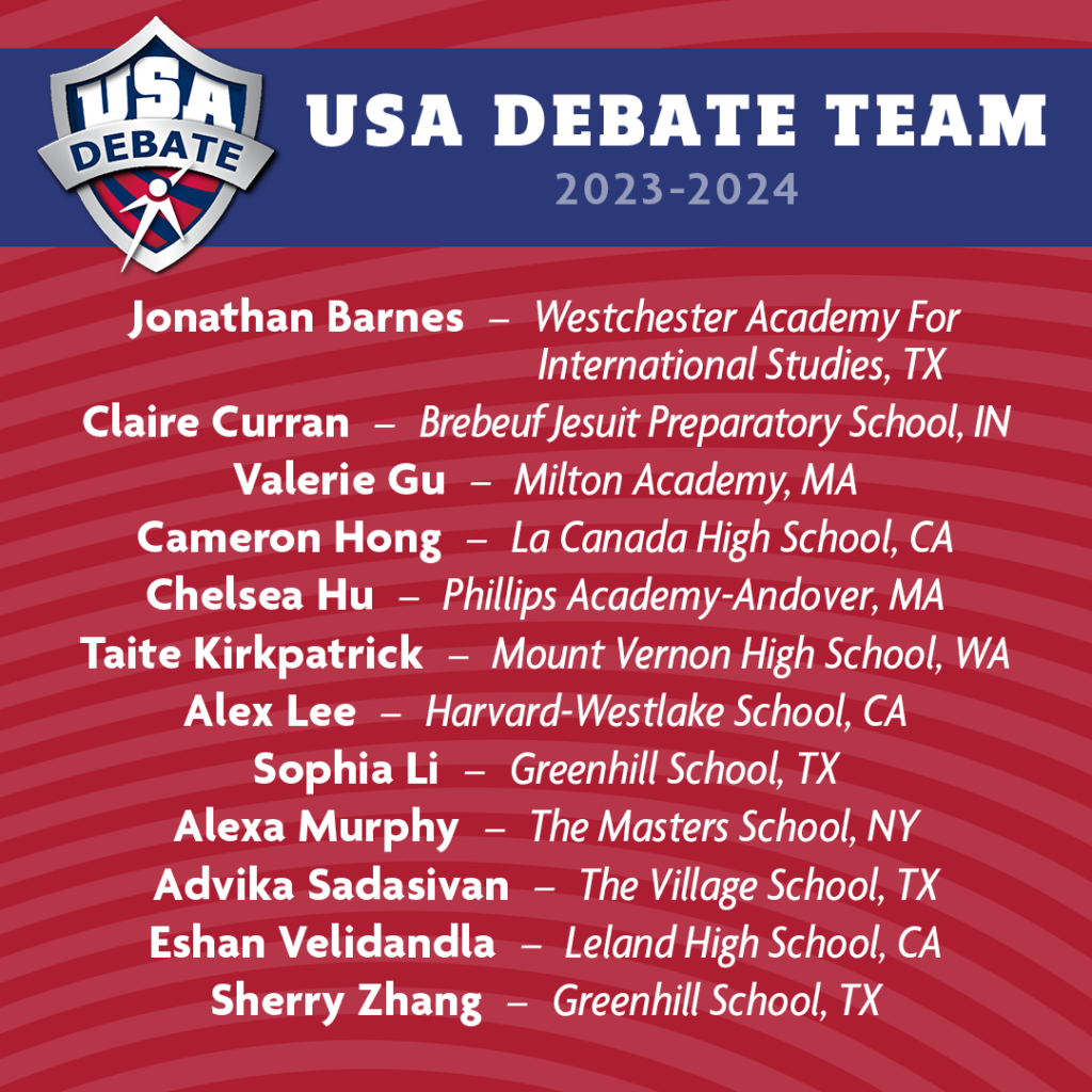 2023-2024 USA Debate Team - Jonathan Barnes: Westchester Academy For International Studies, TX, Claire Curran: Brebeuf Jesuit Preparatory School, IN, Valerie Gu: Milton Academy, MA, Cameron Hong: La Canada High School, CA, Chelsea Hu: Phillips Academy, NH, Taite Kirkpatrick: Mount Vernon High School, WA, Alex Lee: Harvard-Westlake School, CA, Sophia Li: Greenhill School, TX, Alexa Murphy: The Masters School, NY, Advika Sadasivan: The Village School, TX, Eshan Velidandla: Leland High School, CA, Sherry Zhang: Greenhill School, TX