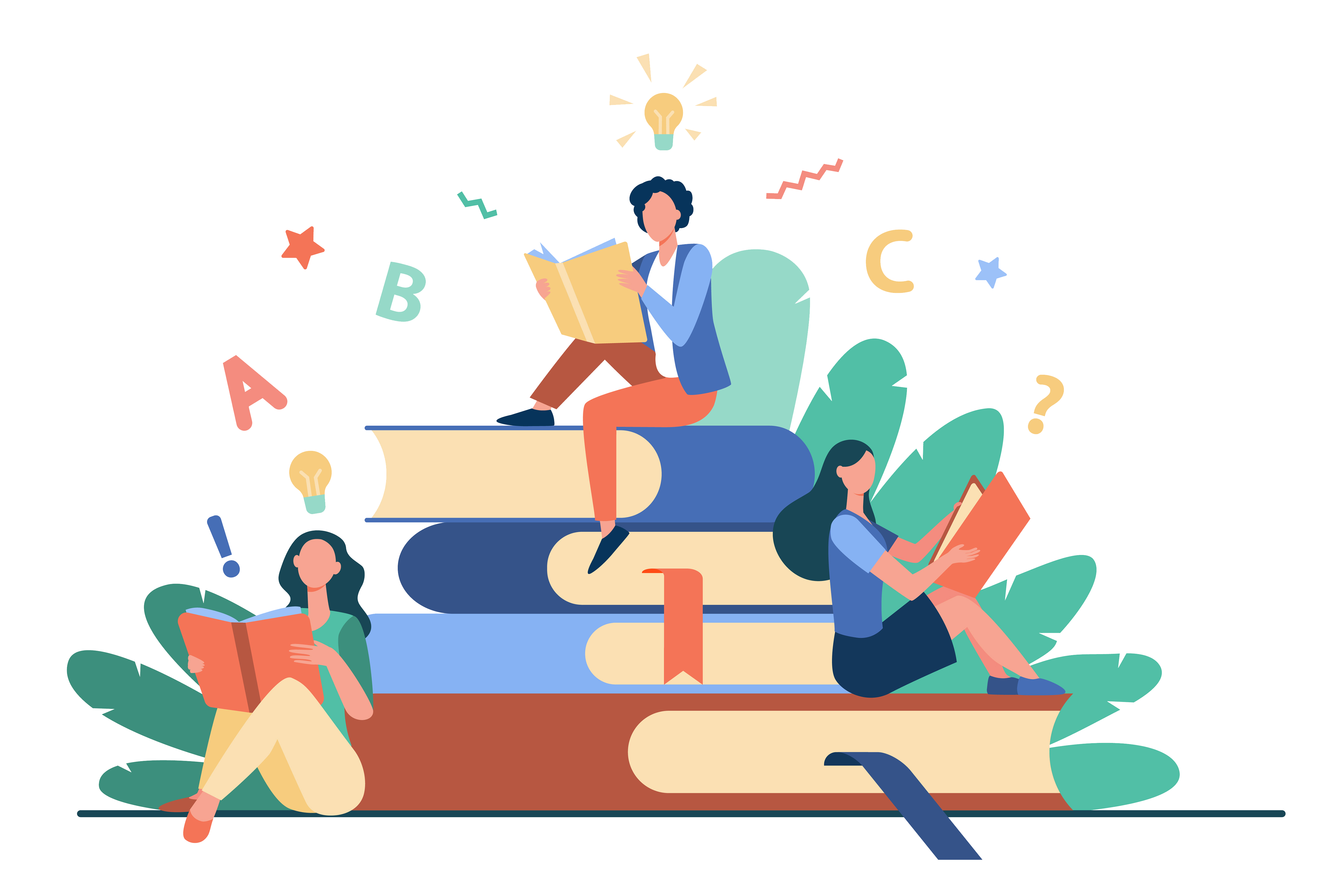 Students sitting on books Students sitting on books
