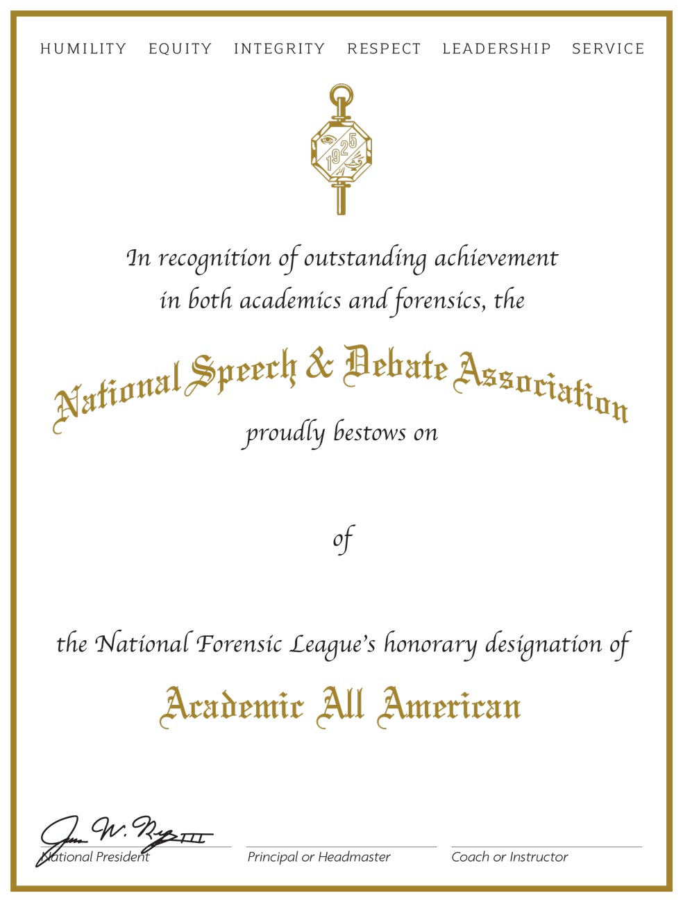 Academic All American Certificate