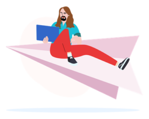 Person sitting on a paper airplane holding a laptop Person sitting on a paper airplane holding a laptop