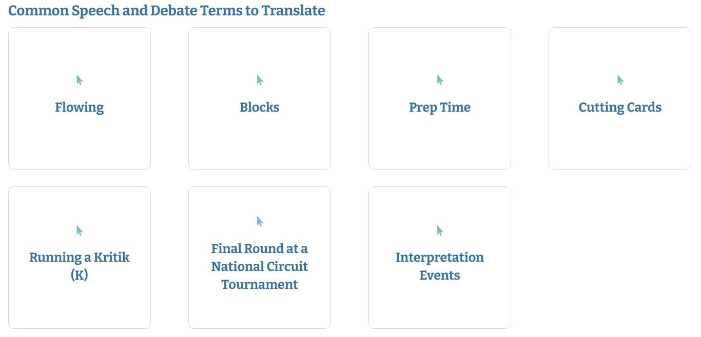 Seven flipboxes with speech and debate terms on the front, like “Flowing” and “Blocks.”