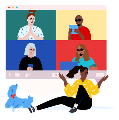 Group of four people on a screen and one person sitting on the ground looking up at them Group of four people on a screen and one person sitting on the ground looking up at them
