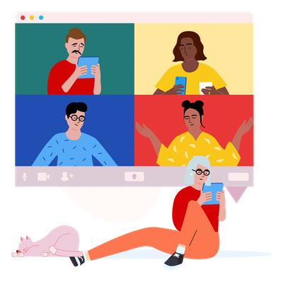 Group of four people on a screen and one person sitting on the ground Group of four people on a screen and one person sitting on the ground