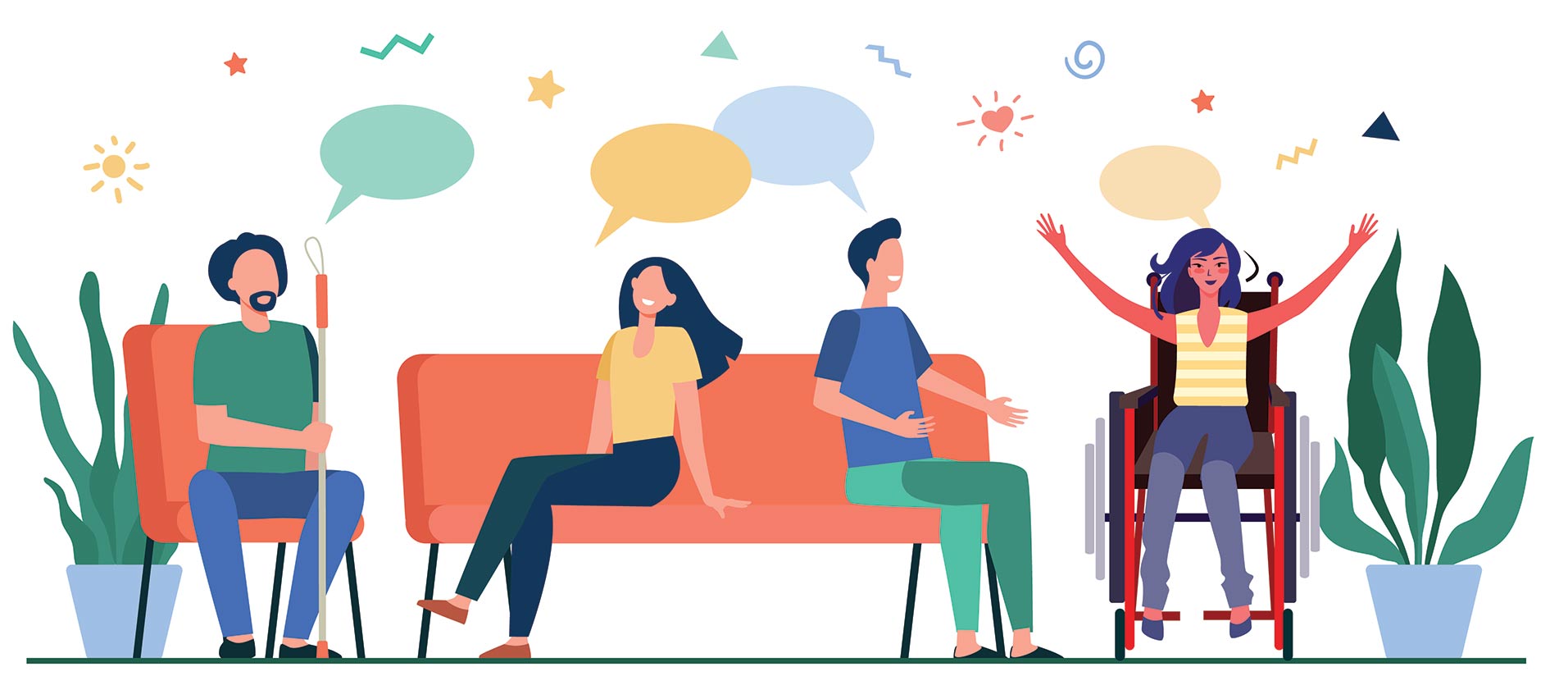 Group of people sitting around a couch talking Group of people sitting around a couch talking