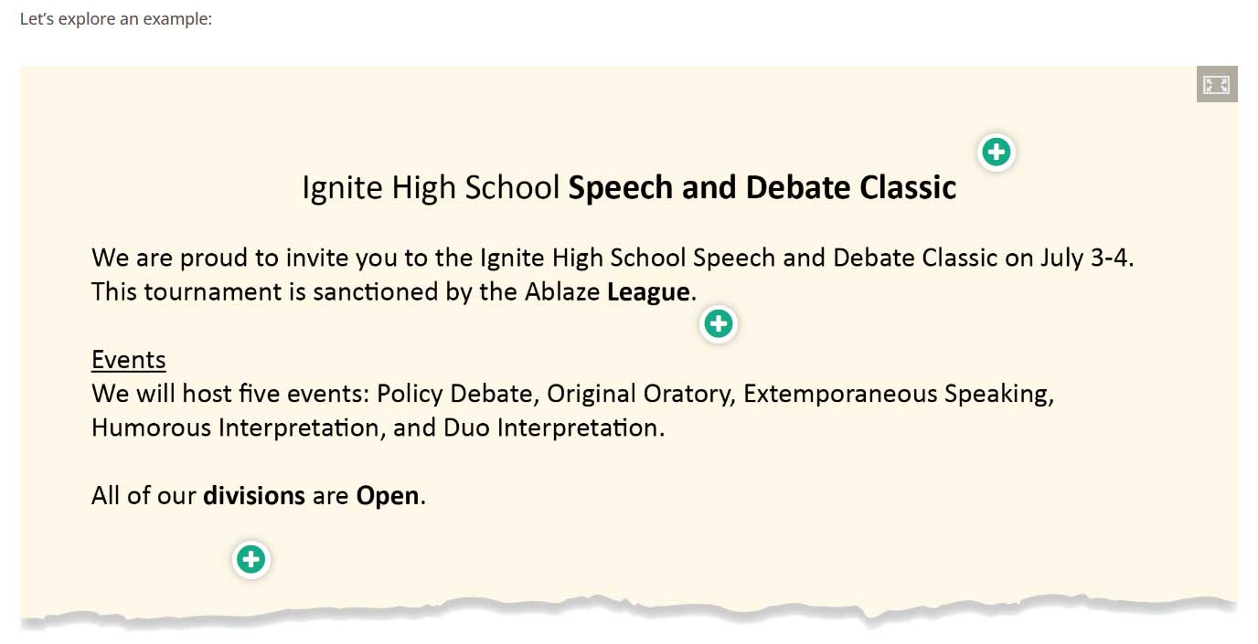Excerpt of a tournament invite with green plus signs to indicate image hotspots.<br />
