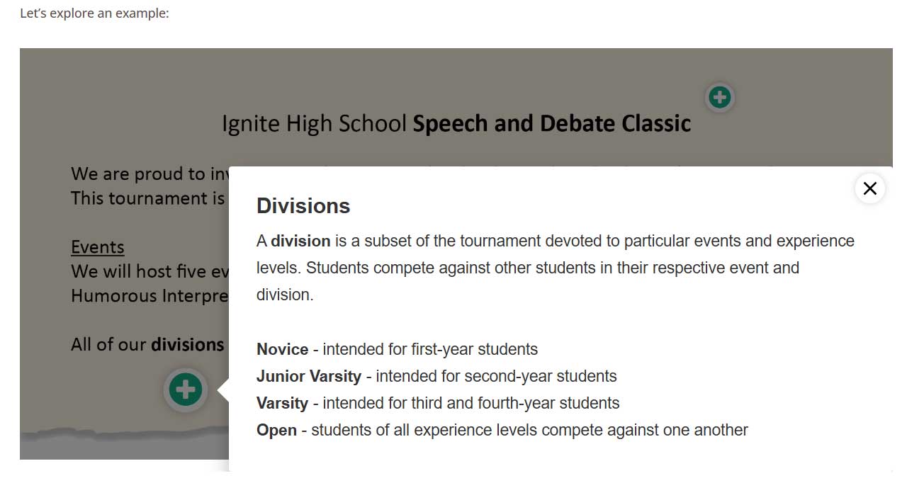 Excerpt of a tournament invite showing the information that pops up after someone clicks or taps the image hotspot.<br />
