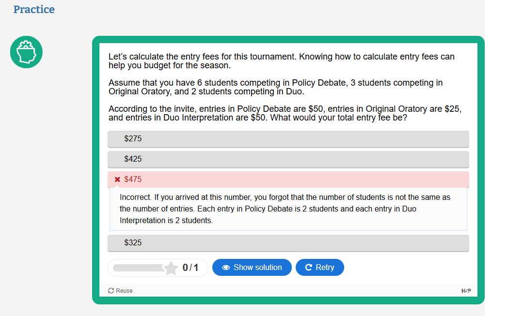 A multiple choice question with feedback for an incorrect answer.