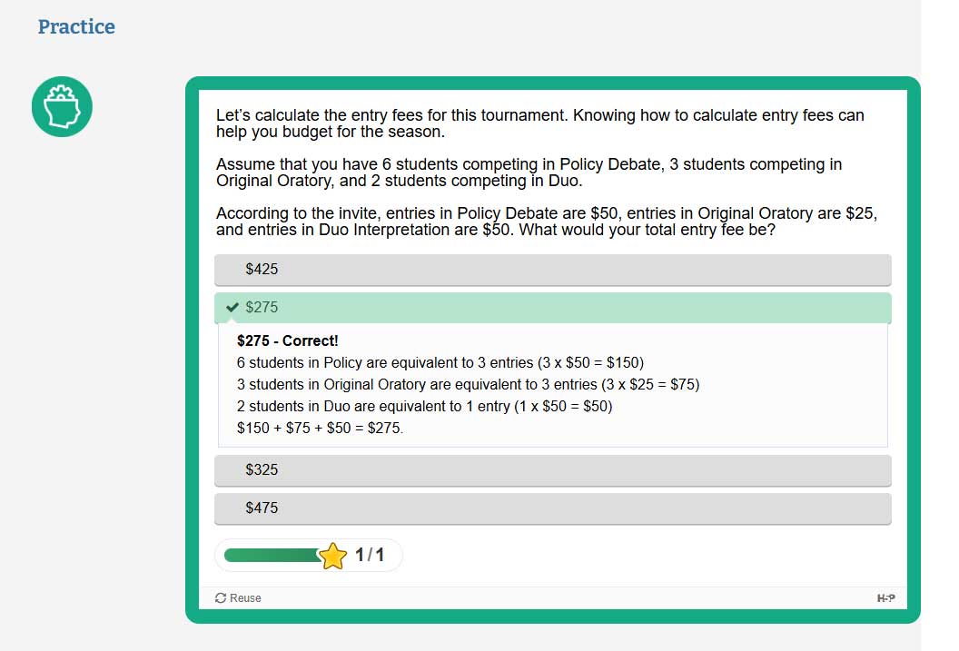 A multiple choice question with feedback for a correct answer.