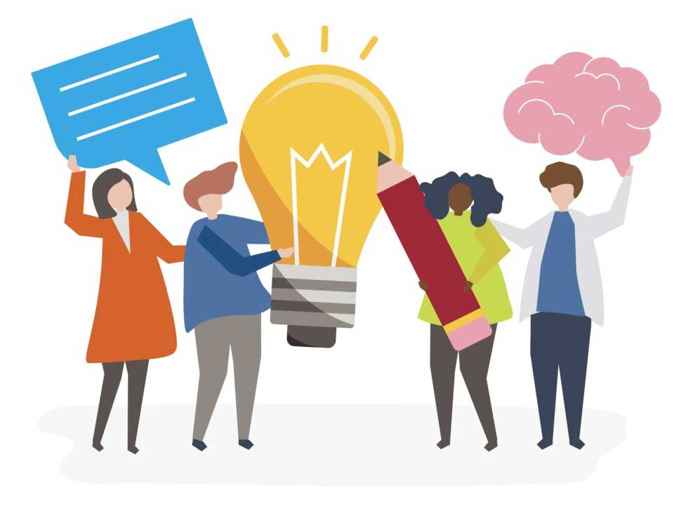 Illustration of people holding giant items above their head Illustration of people holding giant items above their head