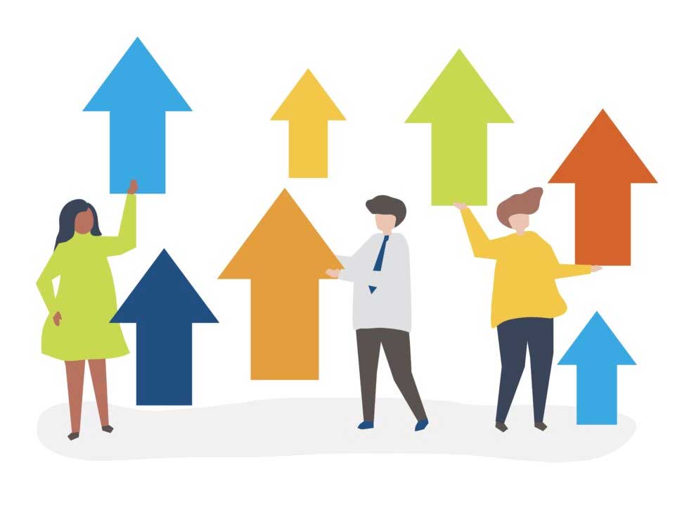 Illustrated people standing under arrows pointing up Illustrated people standing under arrows pointing up