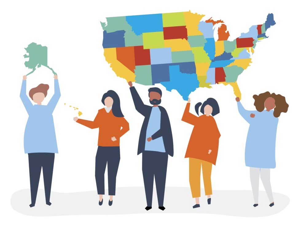 Illustrated group of people standing under a map of the USA Illustrated group of people standing under a map of the USA