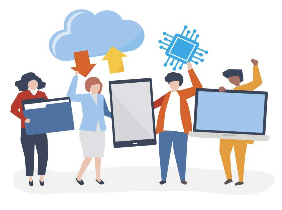 Illustration of people holding electronic items with a cloud storage above them Illustration of people holding electronic items with a cloud storage above them