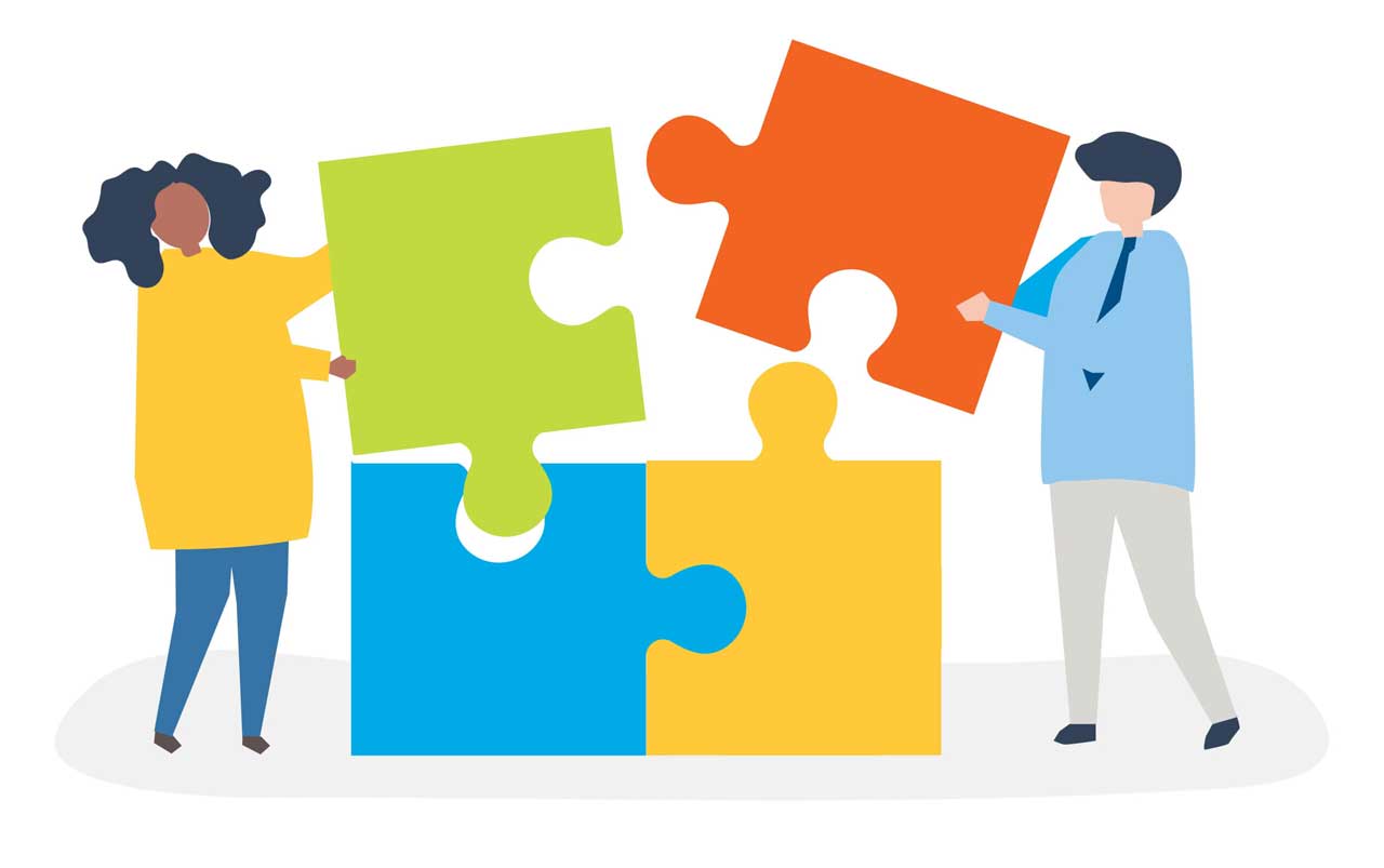 Illustrated people putting together 4 giant puzzle pieces Illustrated people putting together 4 giant puzzle pieces