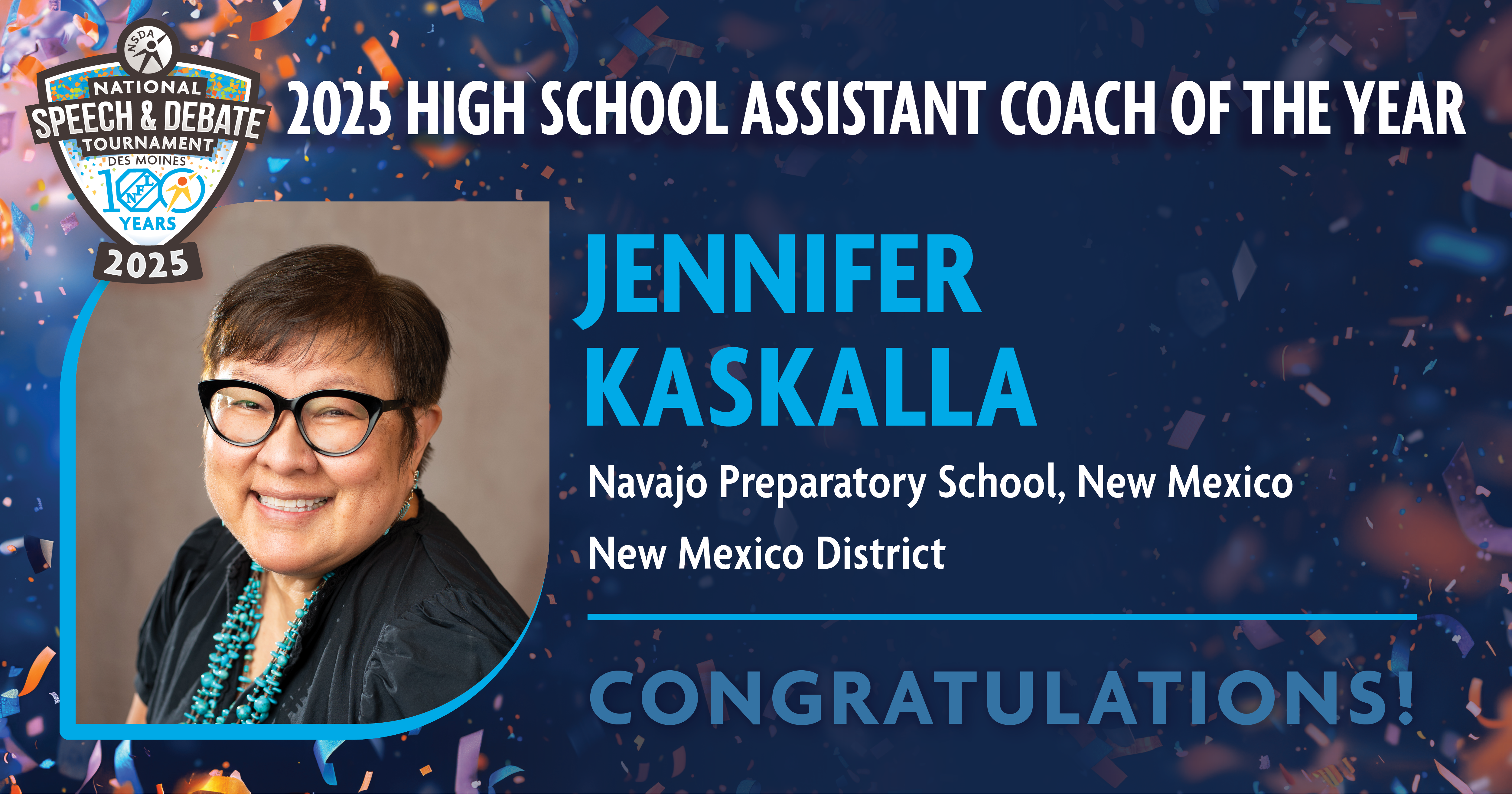 2025 High School Assistant Coach of the Year is Jennifer Kaskalla from Navajo Preparatory School in New Mexico. 2025 High School Assistant Coach of the Year is Jennifer Kaskalla from Navajo Preparatory School in New Mexico.