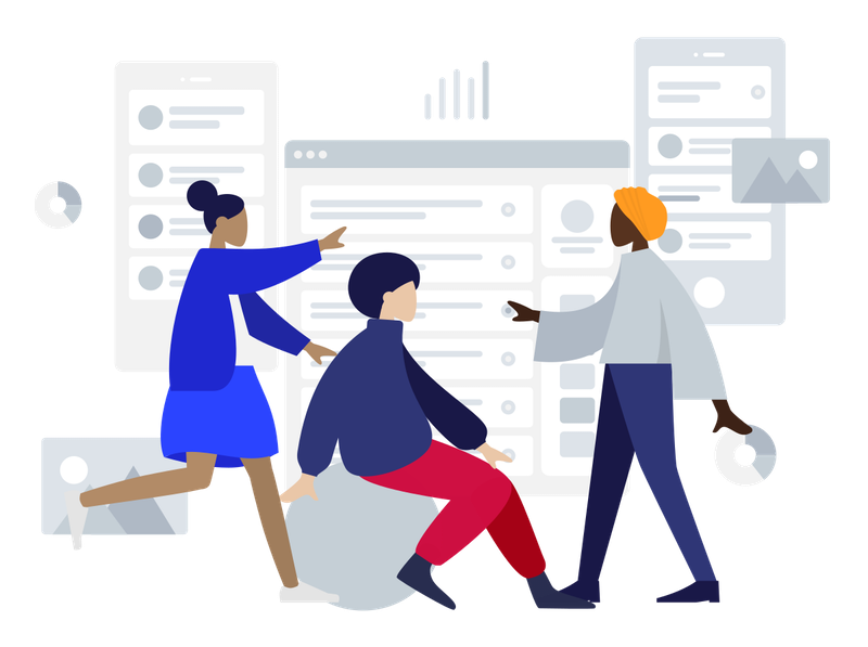 Three illustrated people talking with a digital background Three illustrated people talking with a digital background