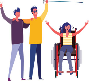 One person in a wheelchair with a person standing next to them who can't see One person in a wheelchair with a person standing next to them who can't see
