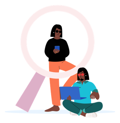 One person sitting with a computer and another standing above with a spyglass around them One person sitting with a computer and another standing above with a spyglass around them