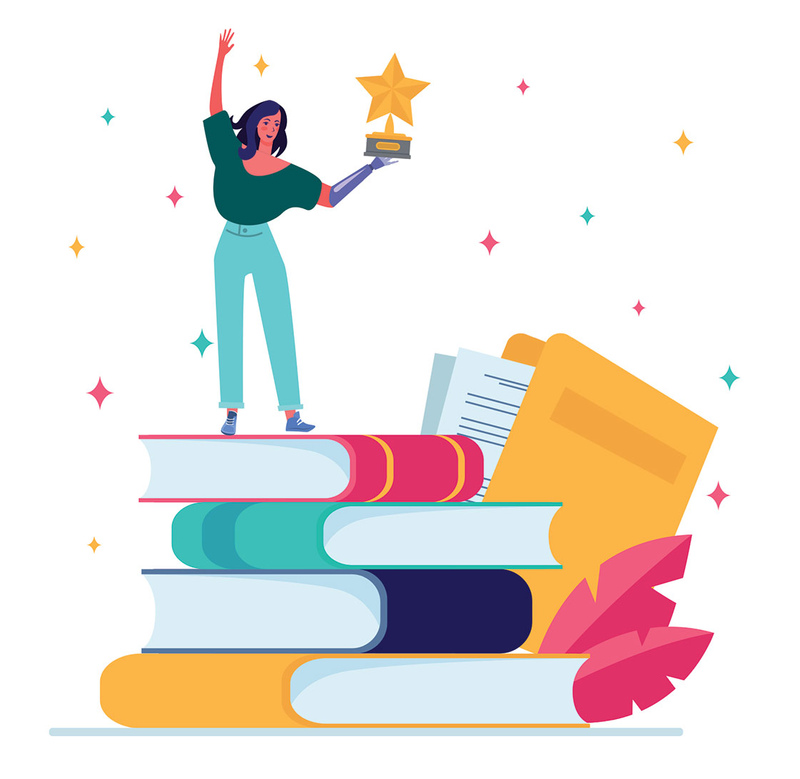 Person holding an award standing on oversized books Person holding an award standing on oversized books