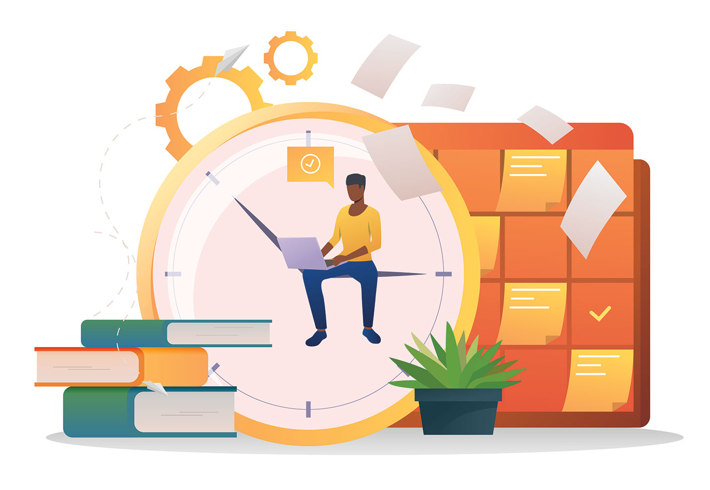 Person sitting on an oversized clock with books and a oversized calander Person sitting on an oversized clock with books and a oversized calander