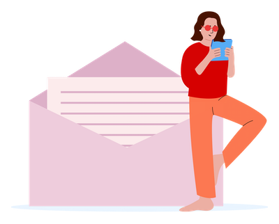 Person standing in front of a extremely large envelope reading on a tablet Person standing in front of a extremely large envelope reading on a tablet