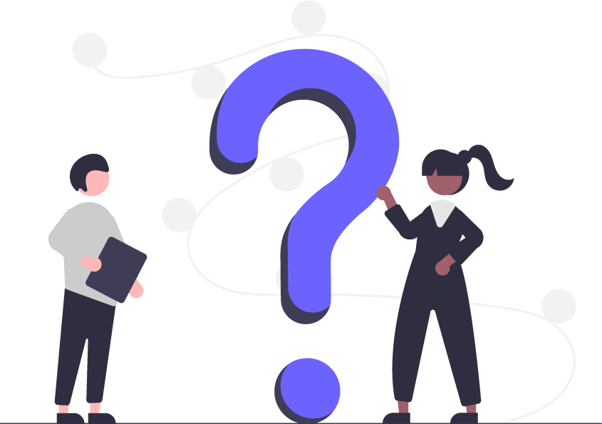 Two illustrated people standing with a giant question mark Two illustrated people standing with a giant question mark