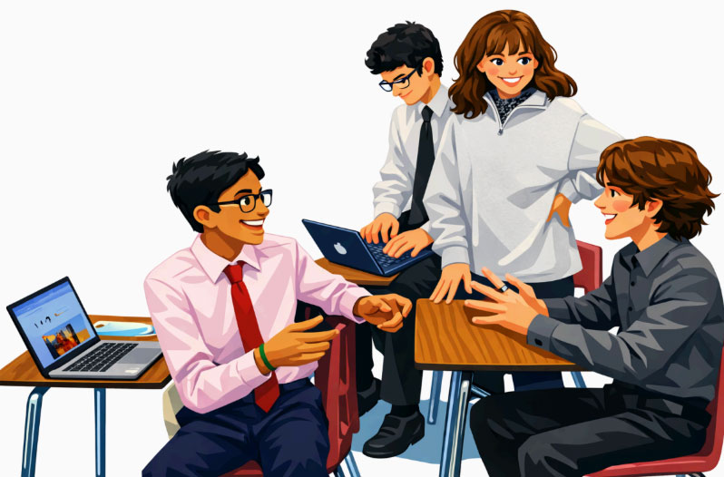 Group of students sitting at desks in a classroom talking.