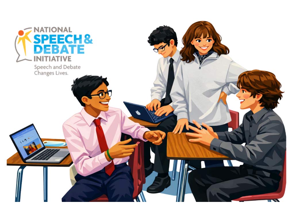 Group of students sitting at desks in a classroom talking.