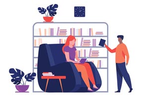Illustrated people in a library setting 