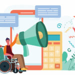Three people in front of word bubbles and an oversized calculator and megaphone Three people in front of word bubbles and an oversized calculator and megaphone