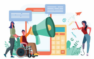Three people in front of word bubbles and an oversized calculator and megaphone Three people in front of word bubbles and an oversized calculator and megaphone