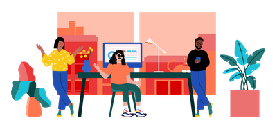 Three people standing in a room with a computer and plants Three people standing in a room with a computer and plants