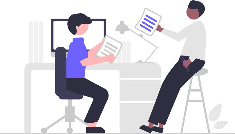 Two illustrated people discussing things at a desk Two illustrated people discussing things at a desk