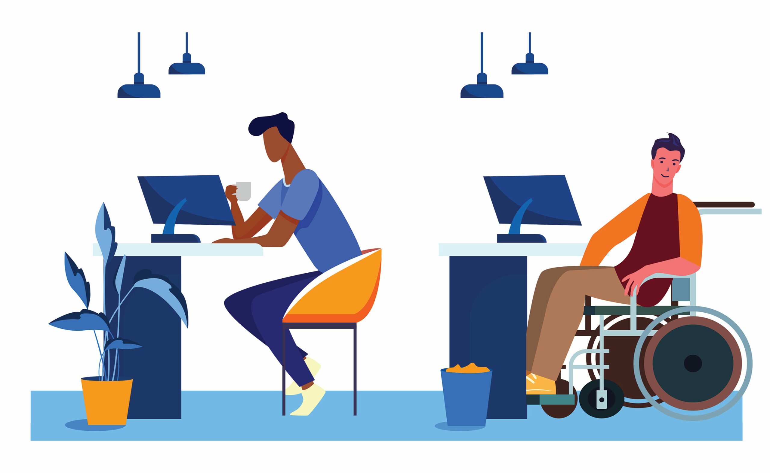 Two-people-in-an-office-by-computers,-one-in-a-wheelchair2 Two people in an office by computers, one in a wheelchair