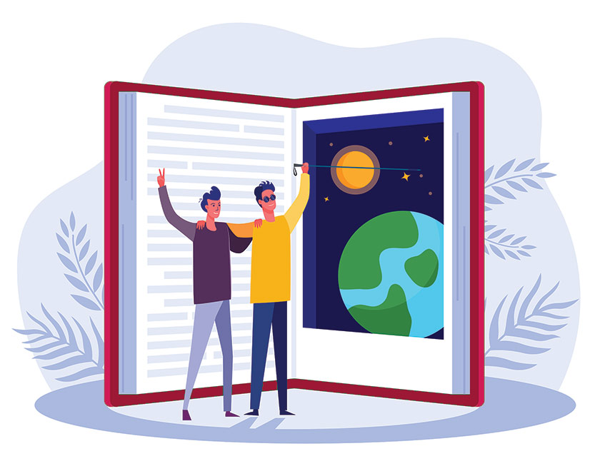Two people looking at an oversized book Two people looking at an oversized book