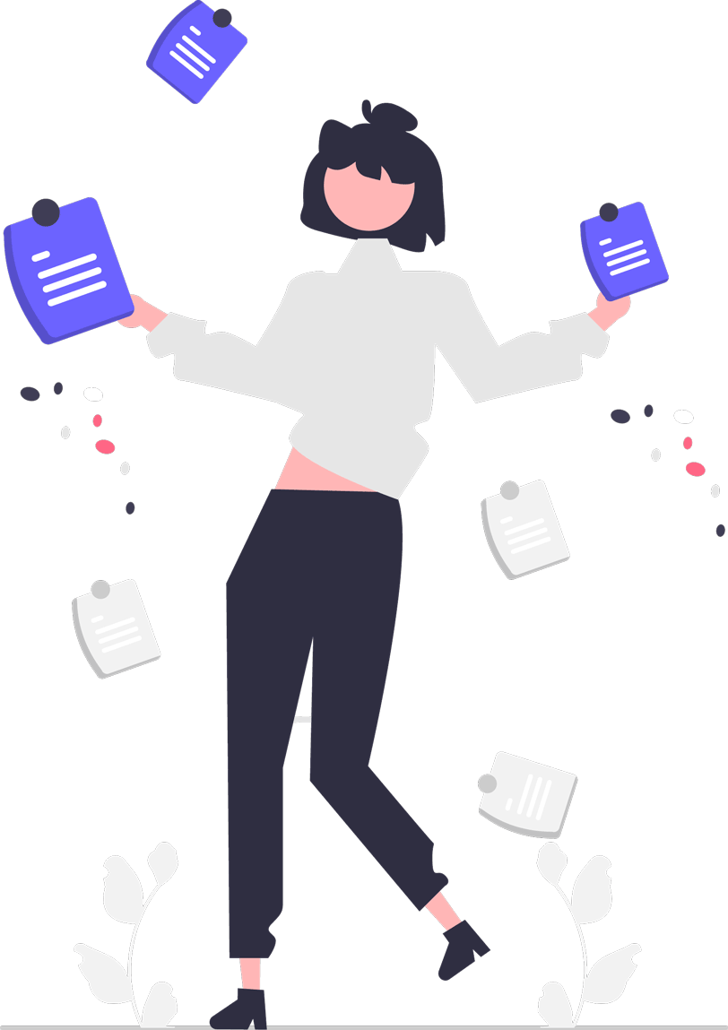 Illustrated person holding clipboards