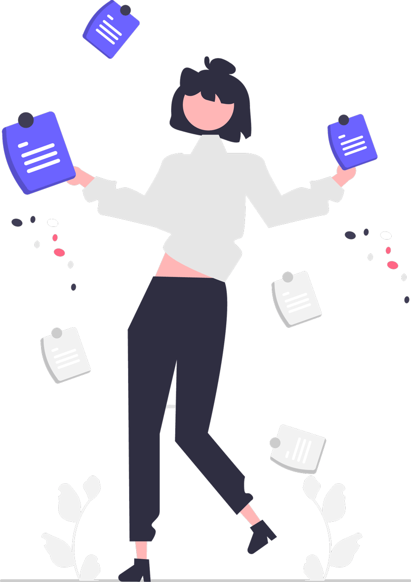 Illustrated person holding clipboards Illustrated person holding clipboards