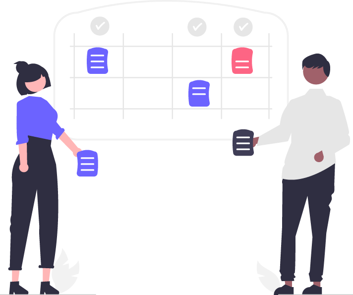 Two illustrated people standing together with notes in between them-(1) Two illustrated people standing together with notes in between them